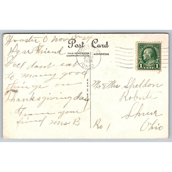 Postcard Thanksgiving Day Greetings Turkey Posted Ohio Wooster 1924 Stamp VTG - Picture 2 of 2